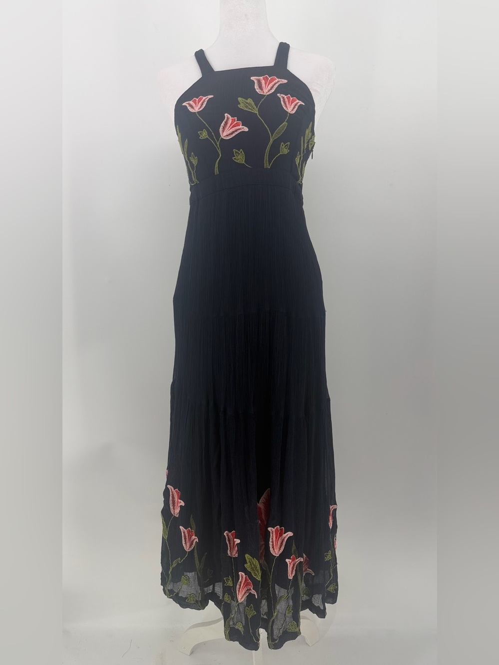 Anthropologie‎ Floreat Navy Embroidered Floral Maxi Dress 0P Petite